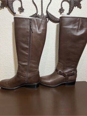 Women's Tall Brown Riding Boots with Buckle Accent